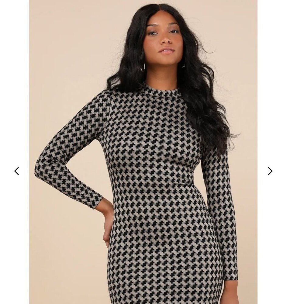Black Houndstooth Print Mock‎ Neck Long Sleeve Mini Dress LuLus S